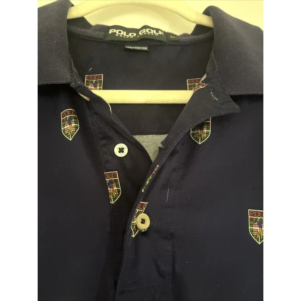 Vintage Polo Ralph Lauren Shield Logo All‑Over Print Navy Golf Shirt – Men's L